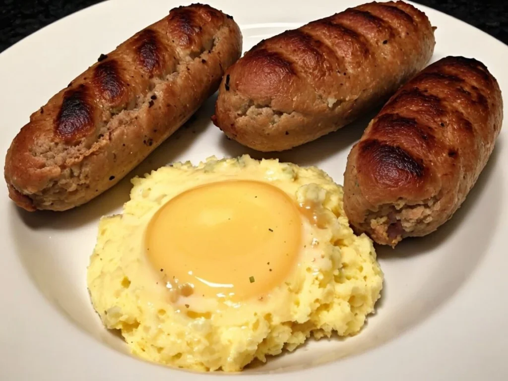 A plate of golden-brown homemade breakfast sausage links sizzling in a frying pan, garnished with fresh herbs.