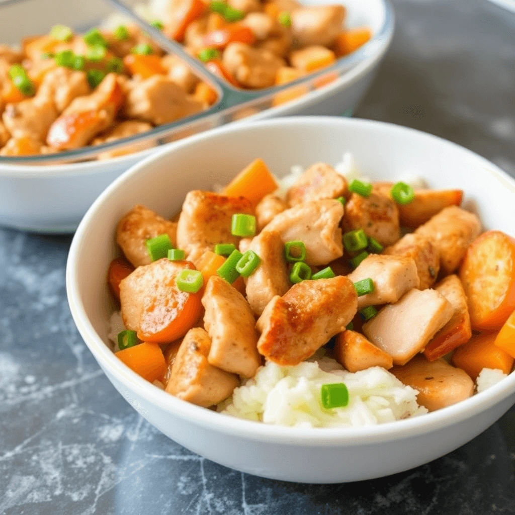 Healthy chicken meal prep bowl with diced chicken, steamed carrots, and mashed potatoes garnished with green onions.