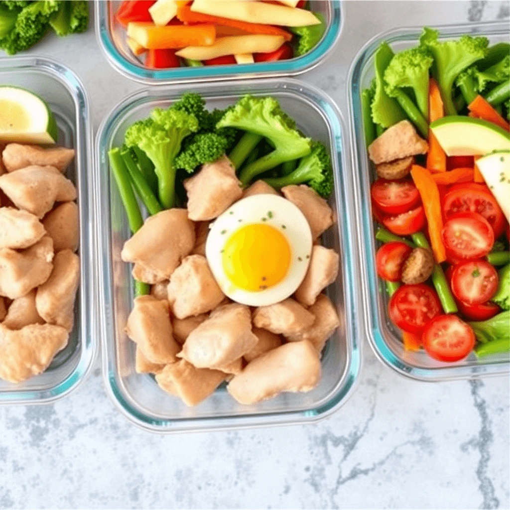 Meal prep containers filled with grilled chicken, quinoa, vegetables, and fresh fruits.