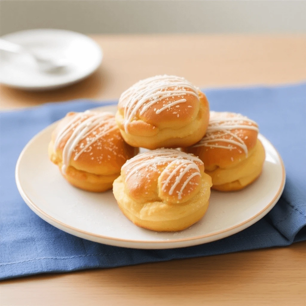 Plate of homemade French Breakfast Puffs topped with a drizzle of icing on a wooden table with a blue napkin.