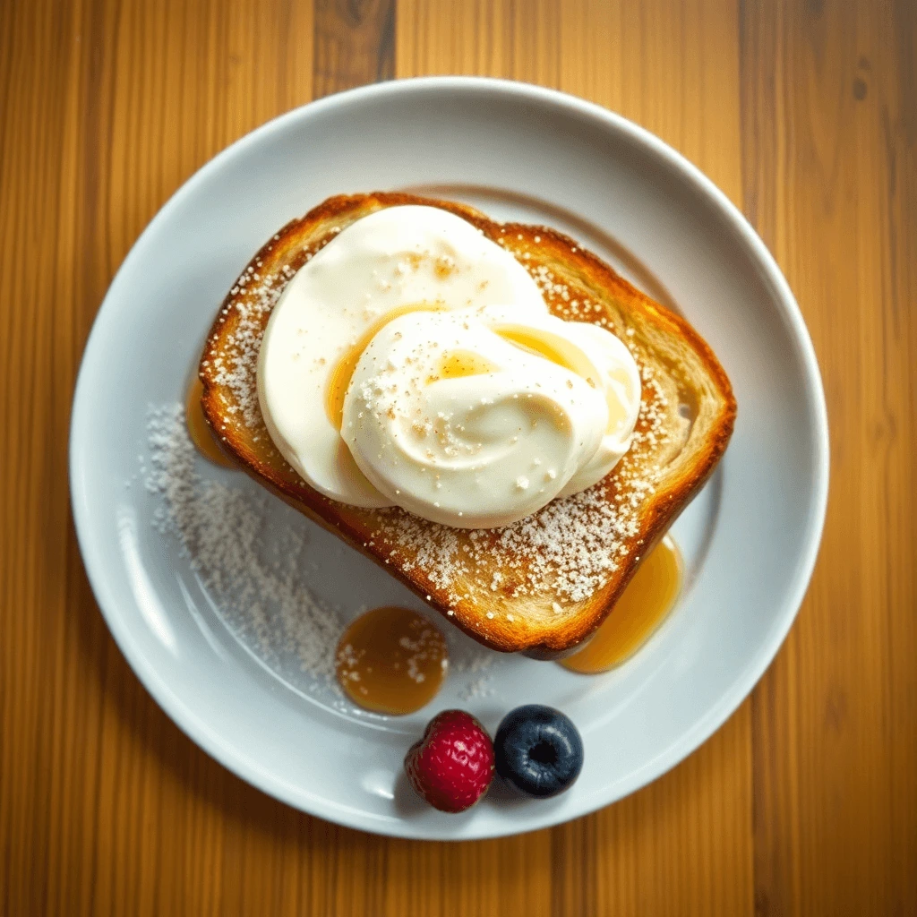 A plate of golden-brown Easy French Toast topped with powdered sugar and fresh strawberries.