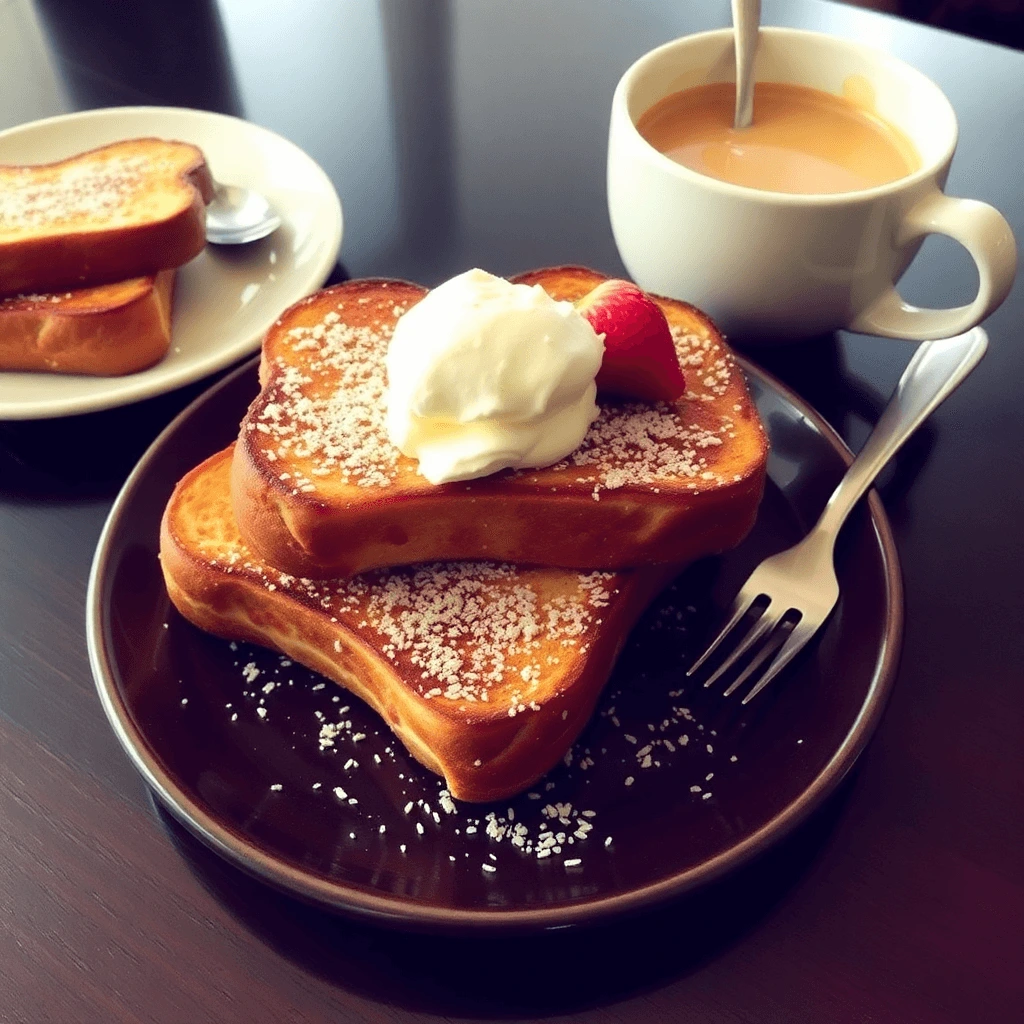 A plate of golden-brown French toast topped with fresh strawberries, maple syrup, and powdered sugar.