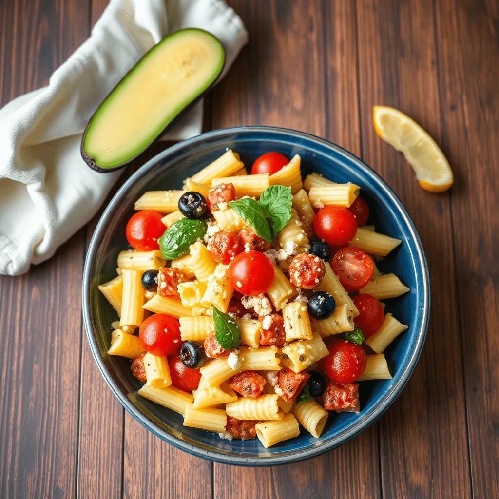 Fresh, colorful ingredients such as vegetables and herbs are arranged on top of a bed of pasta in a large, white bowl, ready to be devoured.