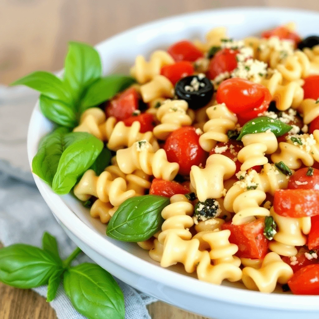 A vibrant bowl of pasta salad featuring spiral pasta, cherry tomatoes, black olives, fresh basil leaves, and a sprinkle of grated cheese.