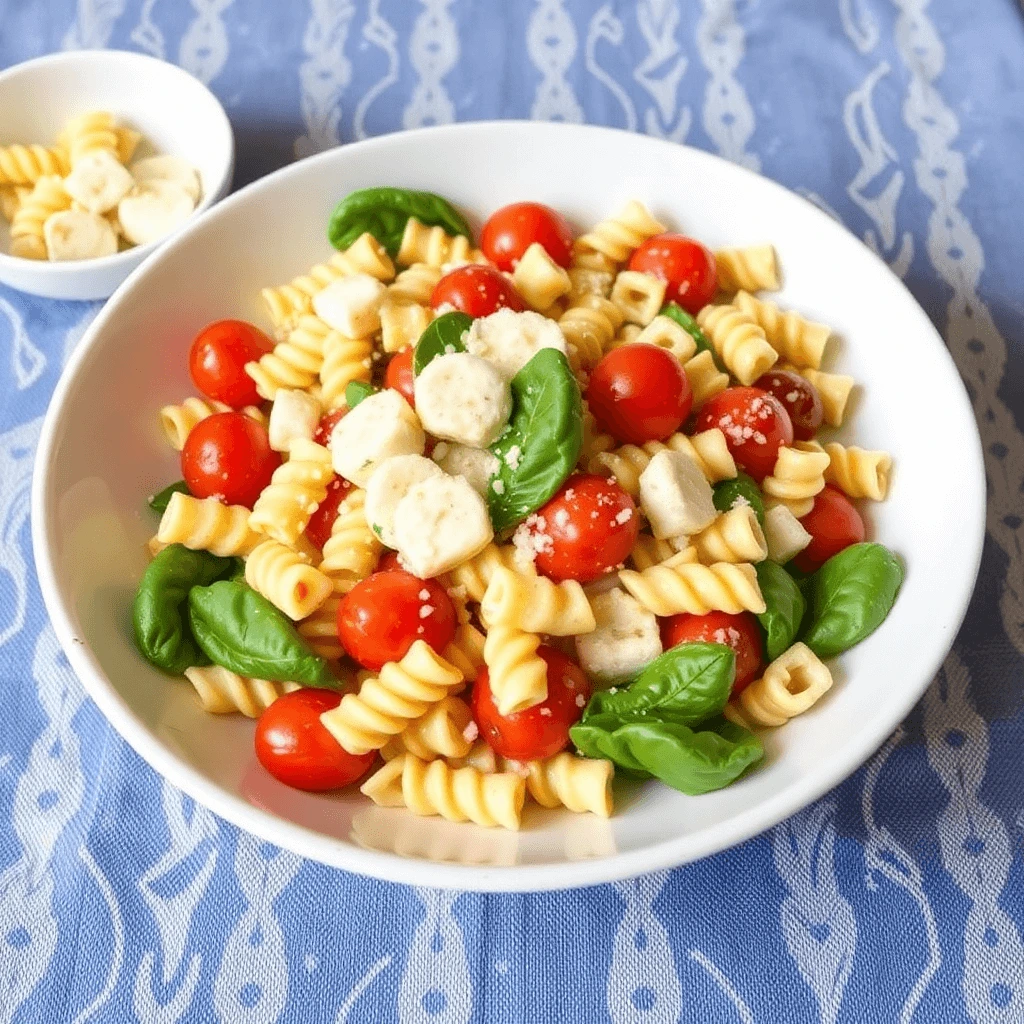 A vibrant bowl of pasta salad filled with colorful vegetables, herbs, and a drizzle of dressing, showcasing a delightful and appetizing dish.