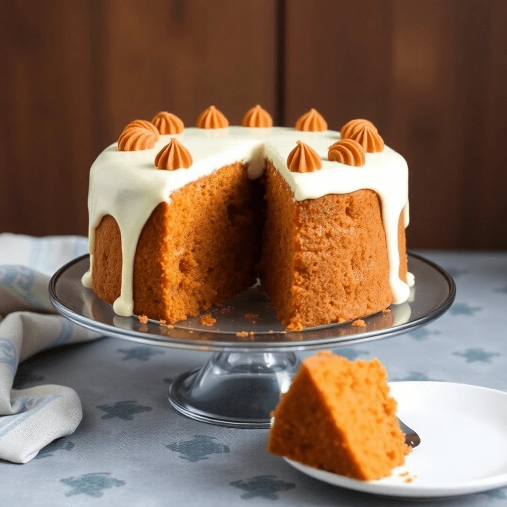 Moist homemade carrot cake with cream cheese frosting, topped with decorative dollops, served on a glass cake stand.