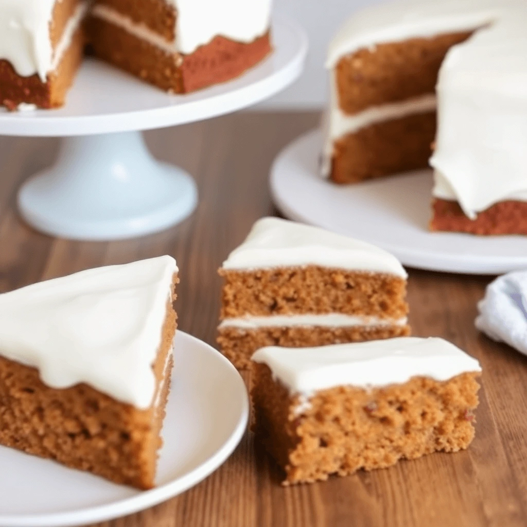 Easy carrot cake with cream cheese frosting on a decorative plate.