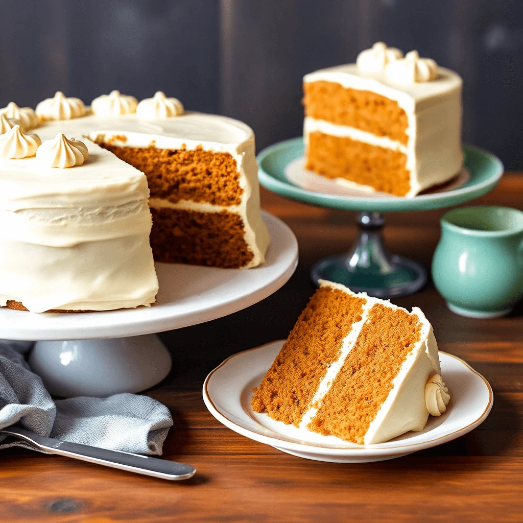 Homemade carrot cake topped with cream cheese frosting and garnished with walnuts on a rustic wooden table.