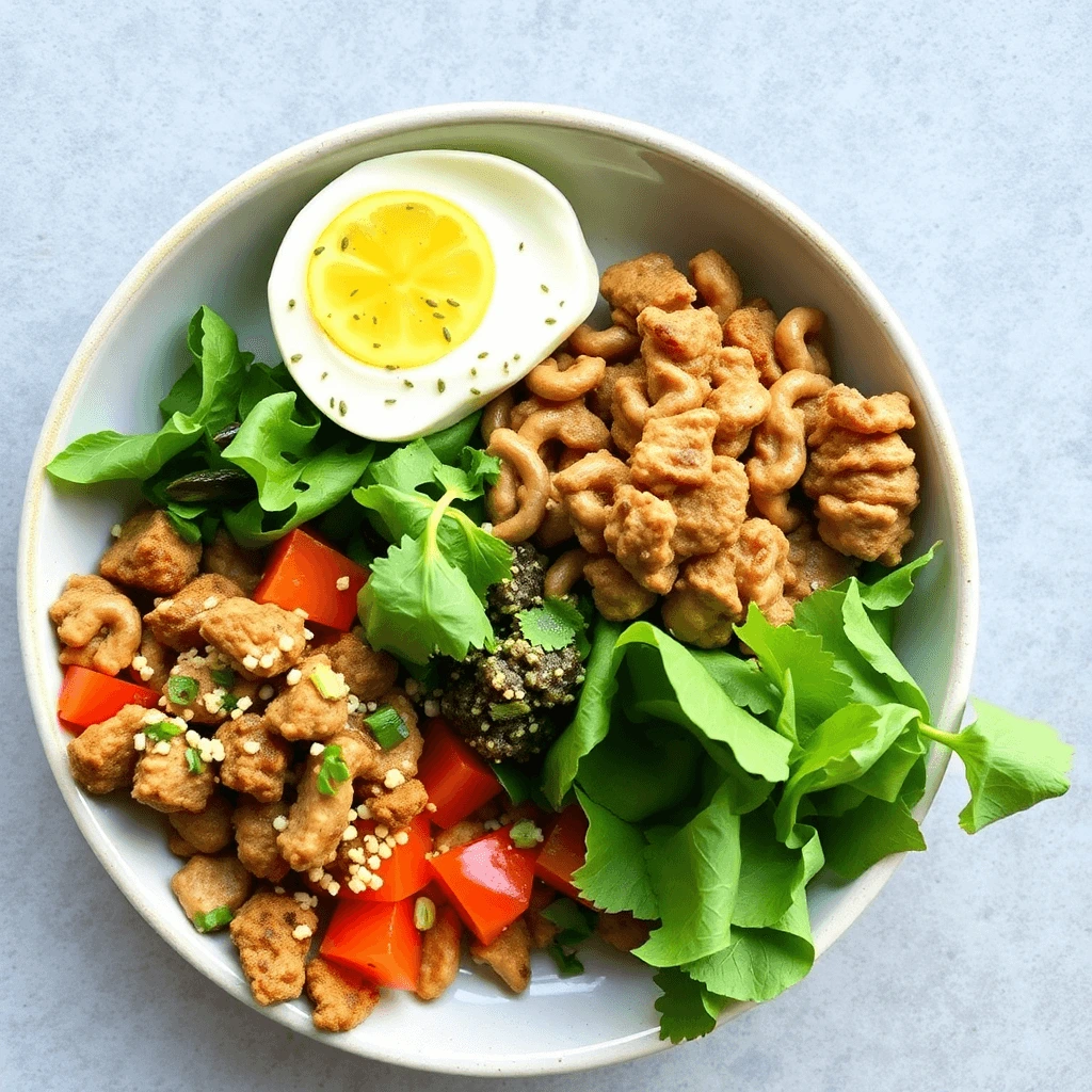 A nutritious bowl of high-protein meal with egg, chicken, vegetables, and greens.