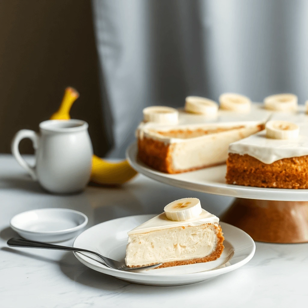 Classic cheesecake with banana flavor, topped with fresh banana slices and a graham cracker crust.