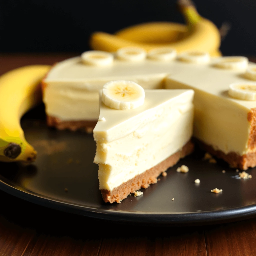 Creamy banana cheesecake with a golden graham cracker crust, topped with fresh banana slices, served on a black plate with ripe bananas in the background.