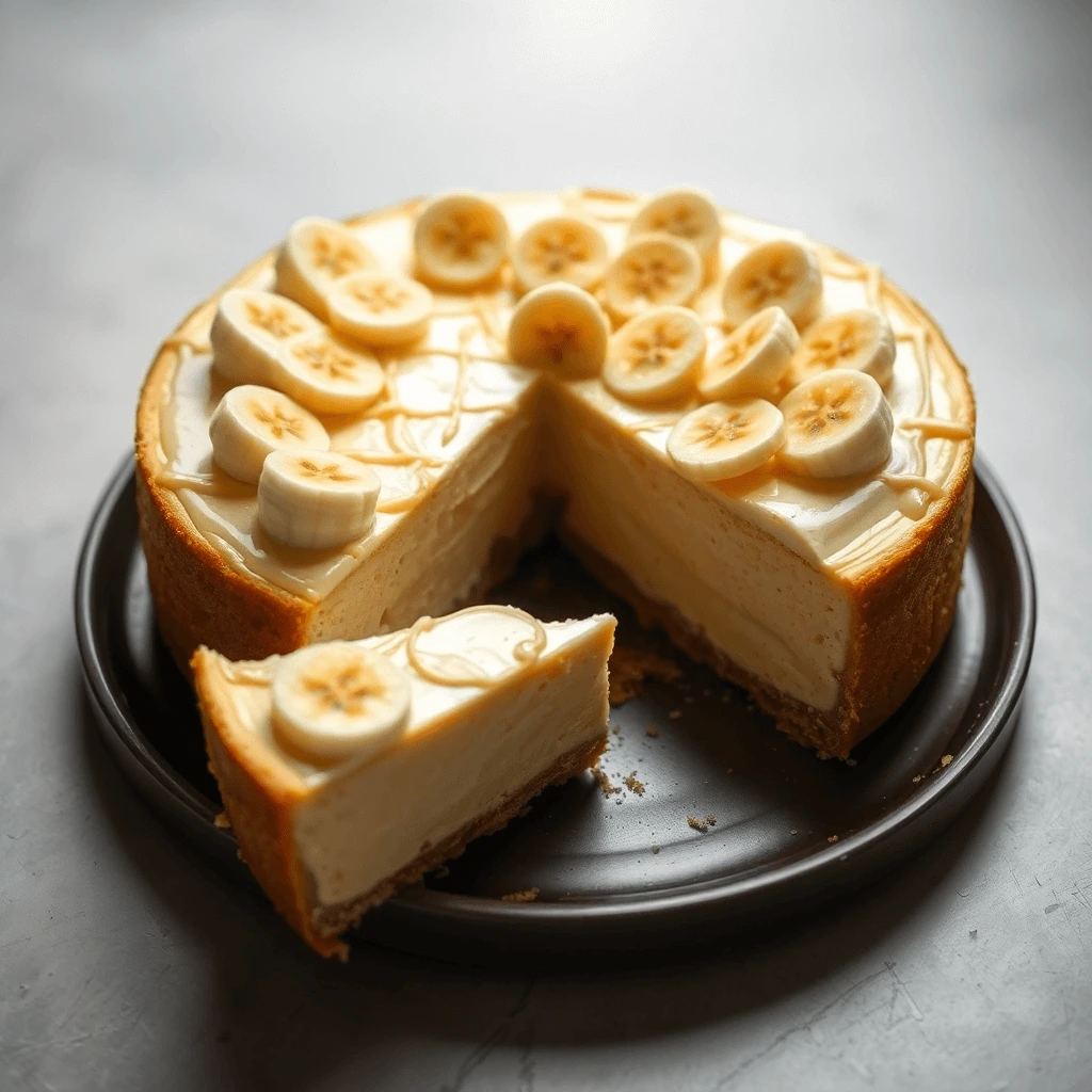 Creamy banana cheesecake with a golden crust and caramelized banana slices on top.