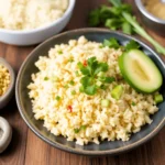 A bowl of fluffy seasoned rice garnished with fresh cilantro, diced green onions, and red chili flakes, served with a sliced avocado.