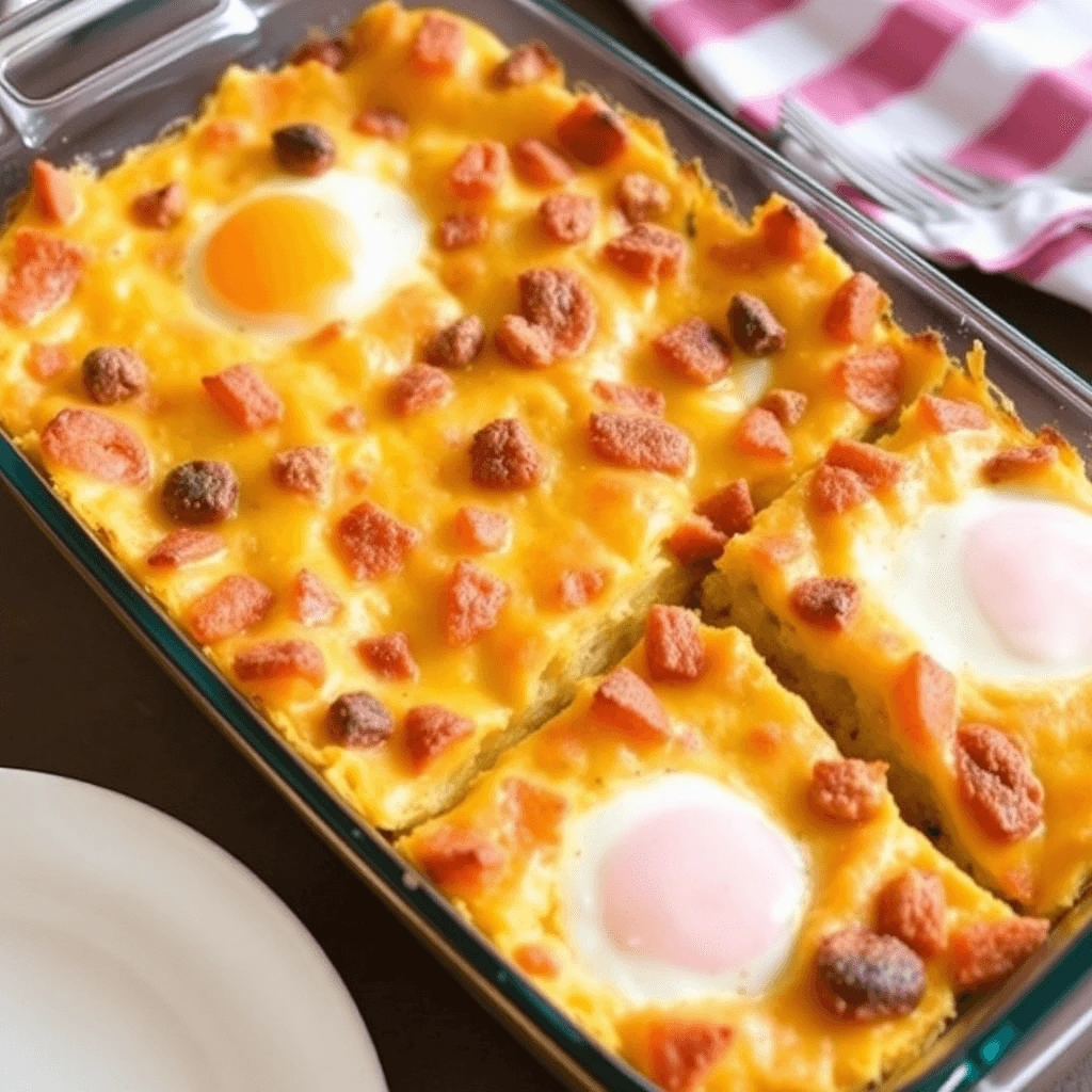 A delicious make-ahead breakfast casserole baked to golden perfection, featuring layers of eggs, vegetables, and cheese, served on a rustic wooden table.