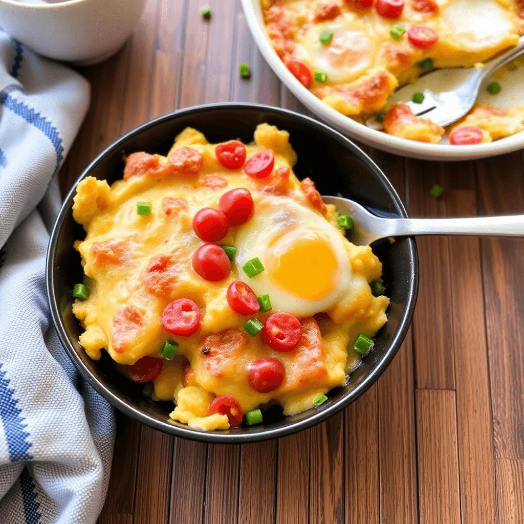 A colorful, nutritious breakfast casserole with whole-grain bread, fresh vegetables, and lean protein. Perfect for a quick and easy morning meal that's also guilt-free.