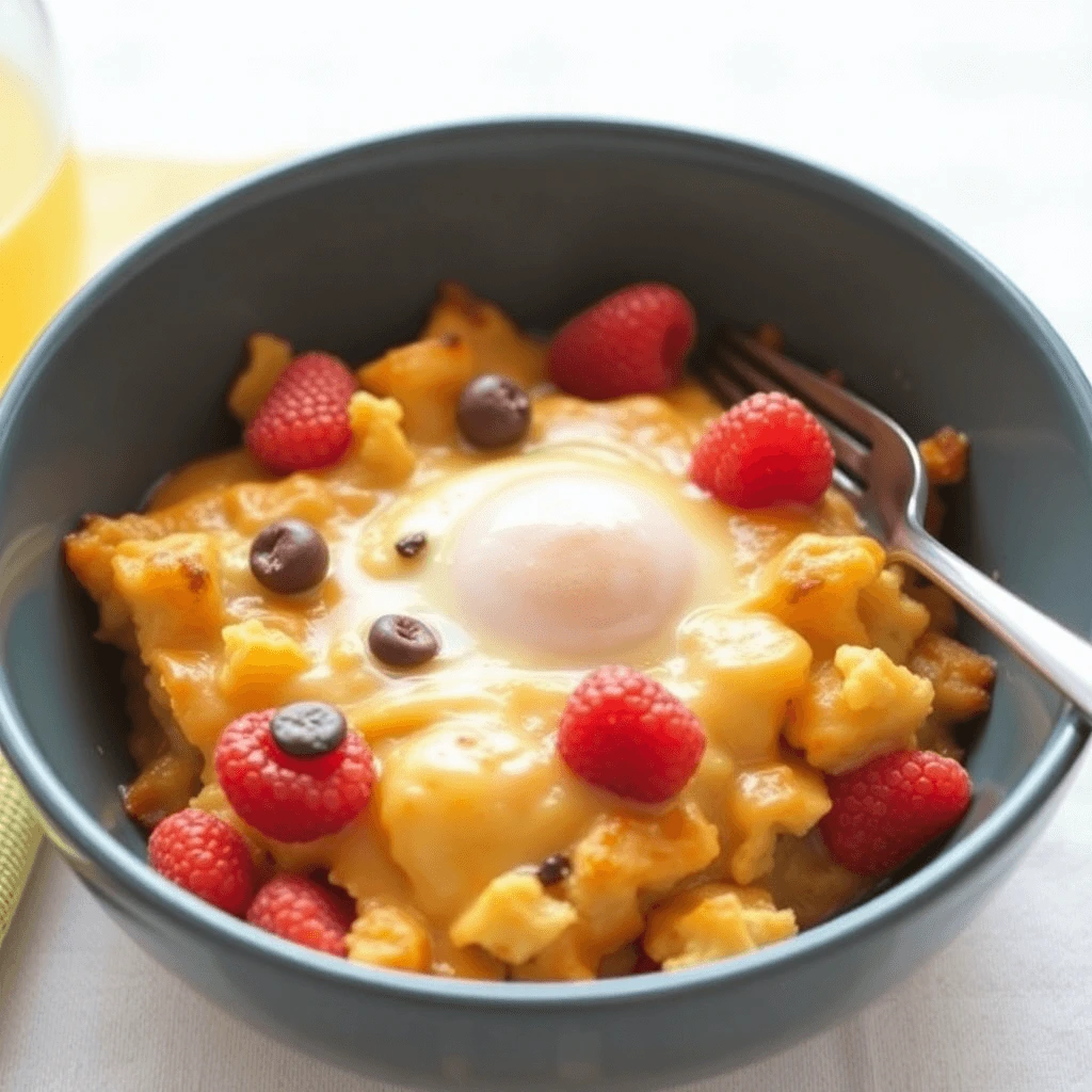 A bowl of cheesy breakfast casserole topped with a poached egg, fresh raspberries, and chocolate chips.