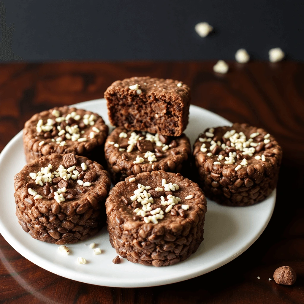 Gluten-free chocolate rice cakes topped with drizzled melted chocolate and sprinkled with sea salt.