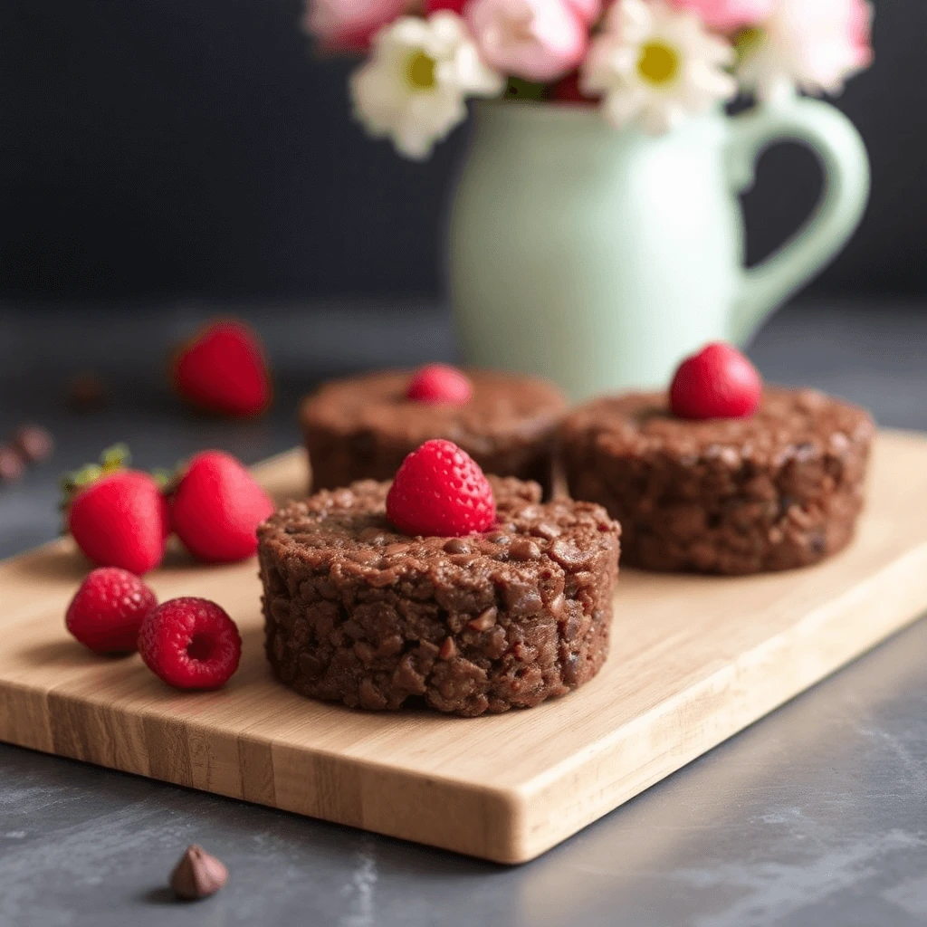 Homemade chocolate rice cakes topped with fresh raspberries on a wooden board, with a pastel green jug and flowers in the background.