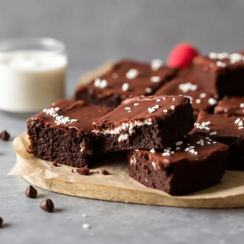 Chocolate brownies made with Greek yogurt, topped with a light chocolate glaze and sprinkled with nuts, displayed on a wooden table.