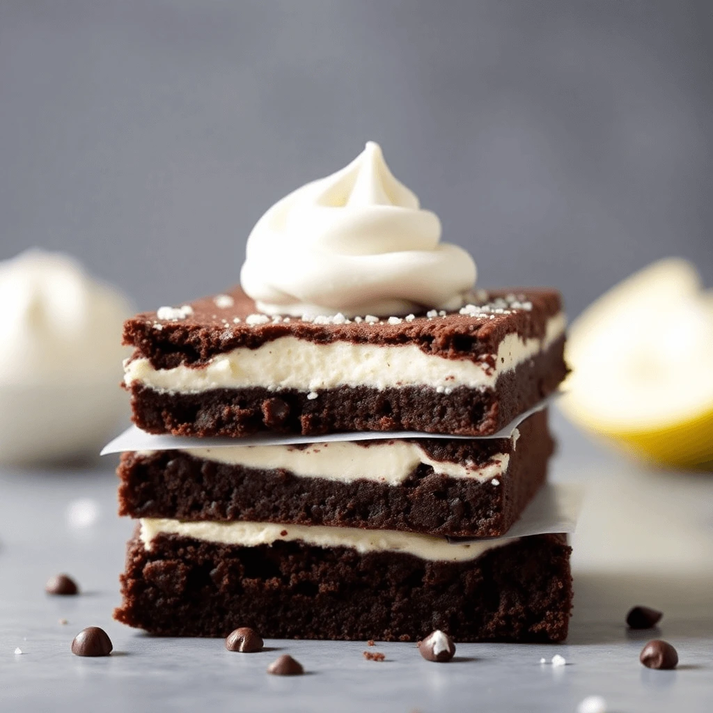 Stack of fudgy Greek yogurt brownies with a creamy layer and whipped topping, garnished with chocolate chips.