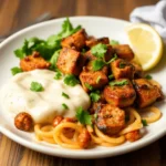 A plate of high-protein grilled tofu bites with spaghetti, creamy sauce, roasted chickpeas, and fresh herbs.