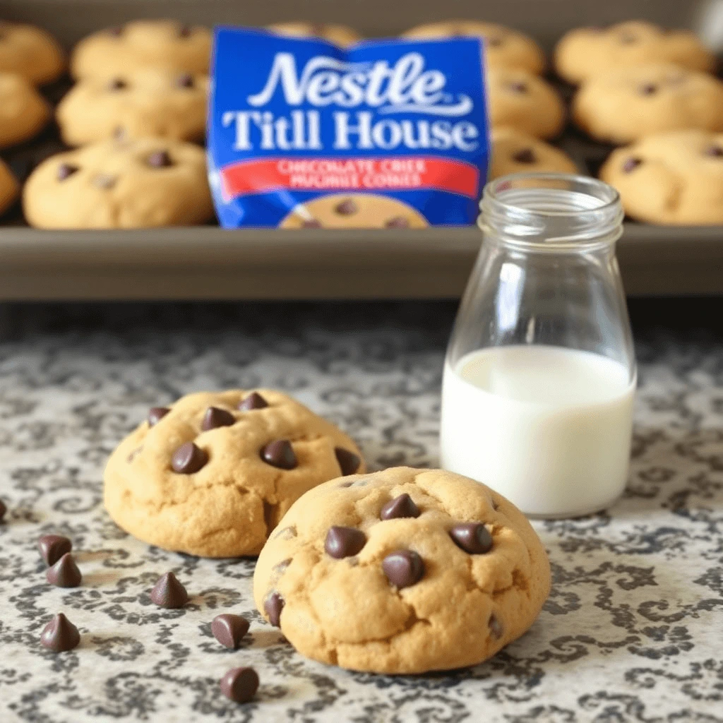 A plate of freshly baked chocolate chip cookies cooling on a wire rack.