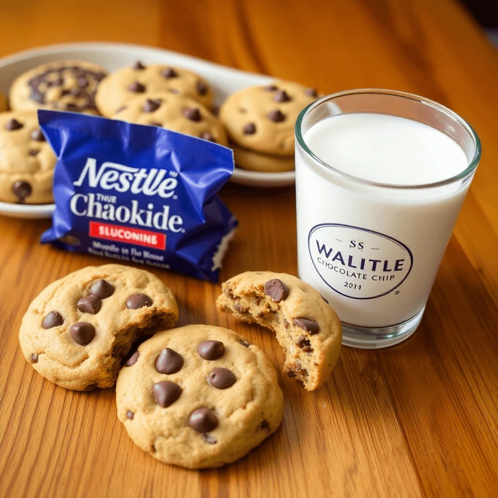 Freshly baked chocolate chip cookies served with a glass of milk and a pack of Nestle chocolate chips.