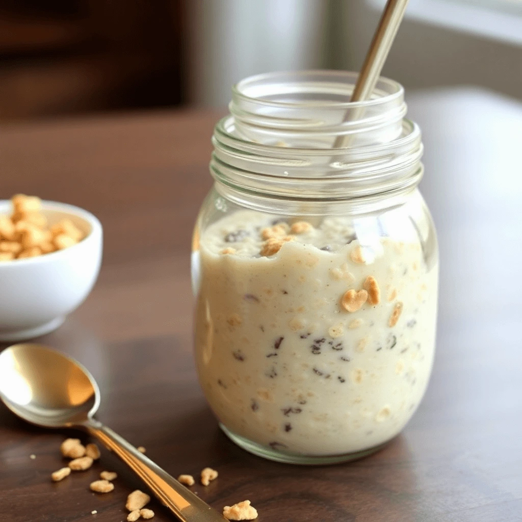 Bowl of creamy overnight oats topped with sliced banana, chia seeds, and almond slivers.