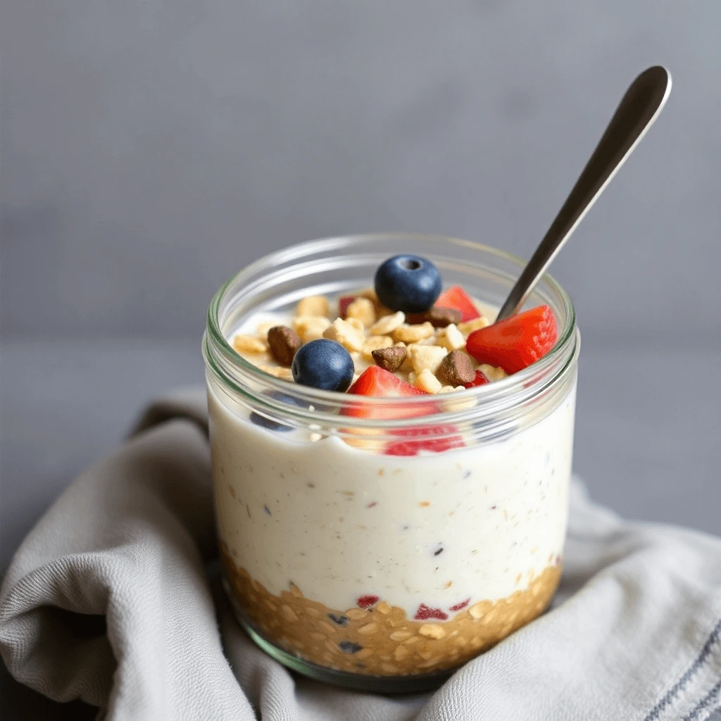 Jar of healthy overnight oats topped with fresh blueberries, strawberries, nuts, and seeds, served with a spoon.