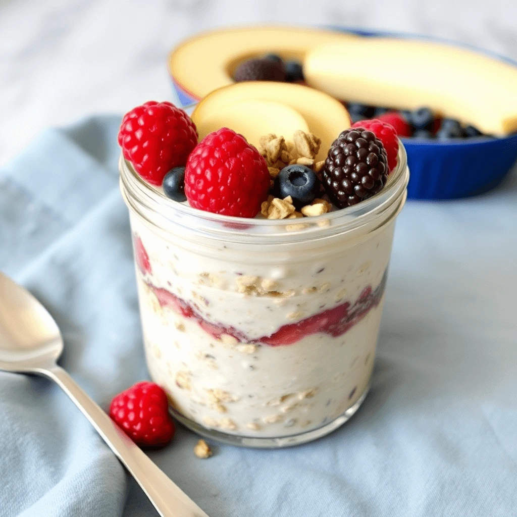 A bowl of colorful healthy overnight oats topped with fresh fruits, nuts, and a drizzle of honey.