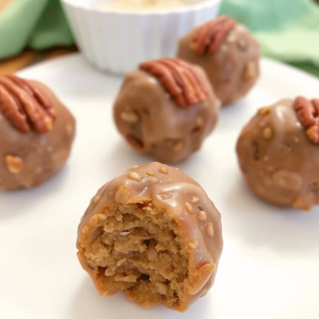 Delicious homemade pecan pie balls rolled in crushed pecans and drizzled with caramel.