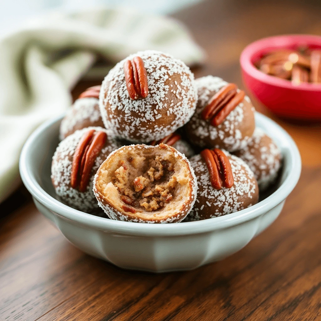 Homemade pecan pie balls coated in chopped pecans and drizzled with chocolate on a white platter.