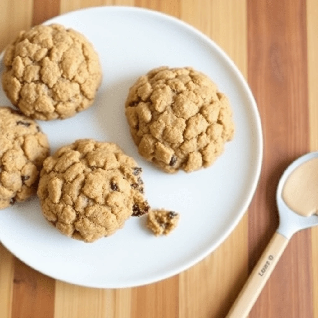 Homemade oatmeal protein cookies displayed on a rustic wooden table with a glass of milk.