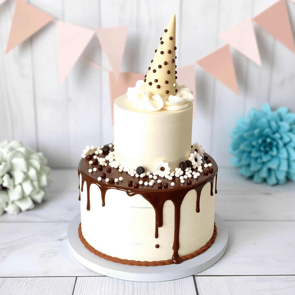 Chocolate birthday smash cake decorated with colorful sprinkles and a rich chocolate glaze.