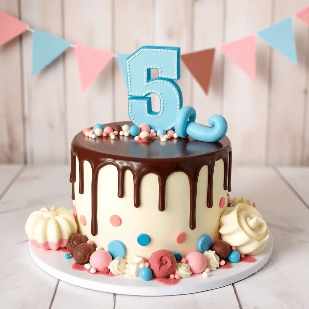 Artfully designed chocolate smash cake with colorful edible decorations and a dramatic chocolate glaze.