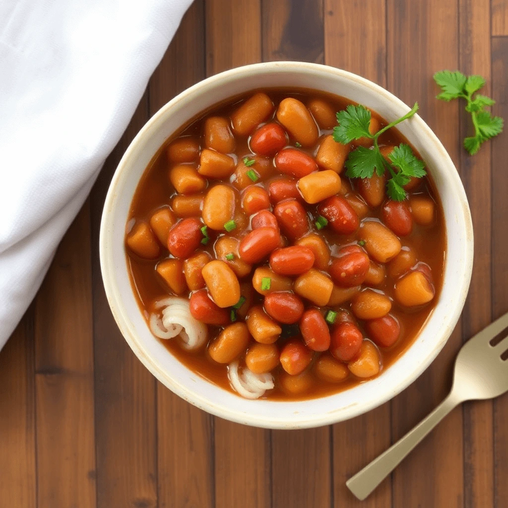 A bowl of baked beans garnished with fresh cilantro, placed on a wooden table with a gold fork and a white napkin.