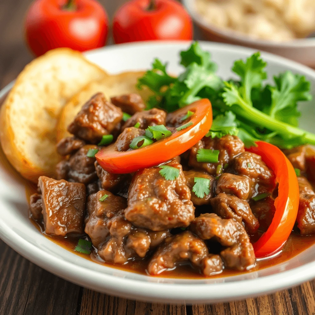 A vibrant plate of beef pepper stir-fry with colorful bell peppers, served over fluffy rice.