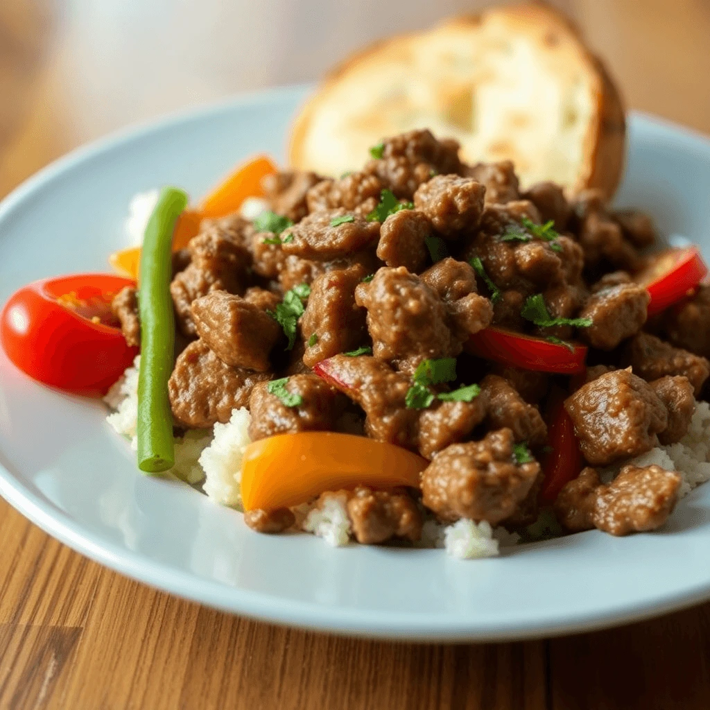 A delicious plate of easy beef stir-fry with colorful vegetables served over white rice.