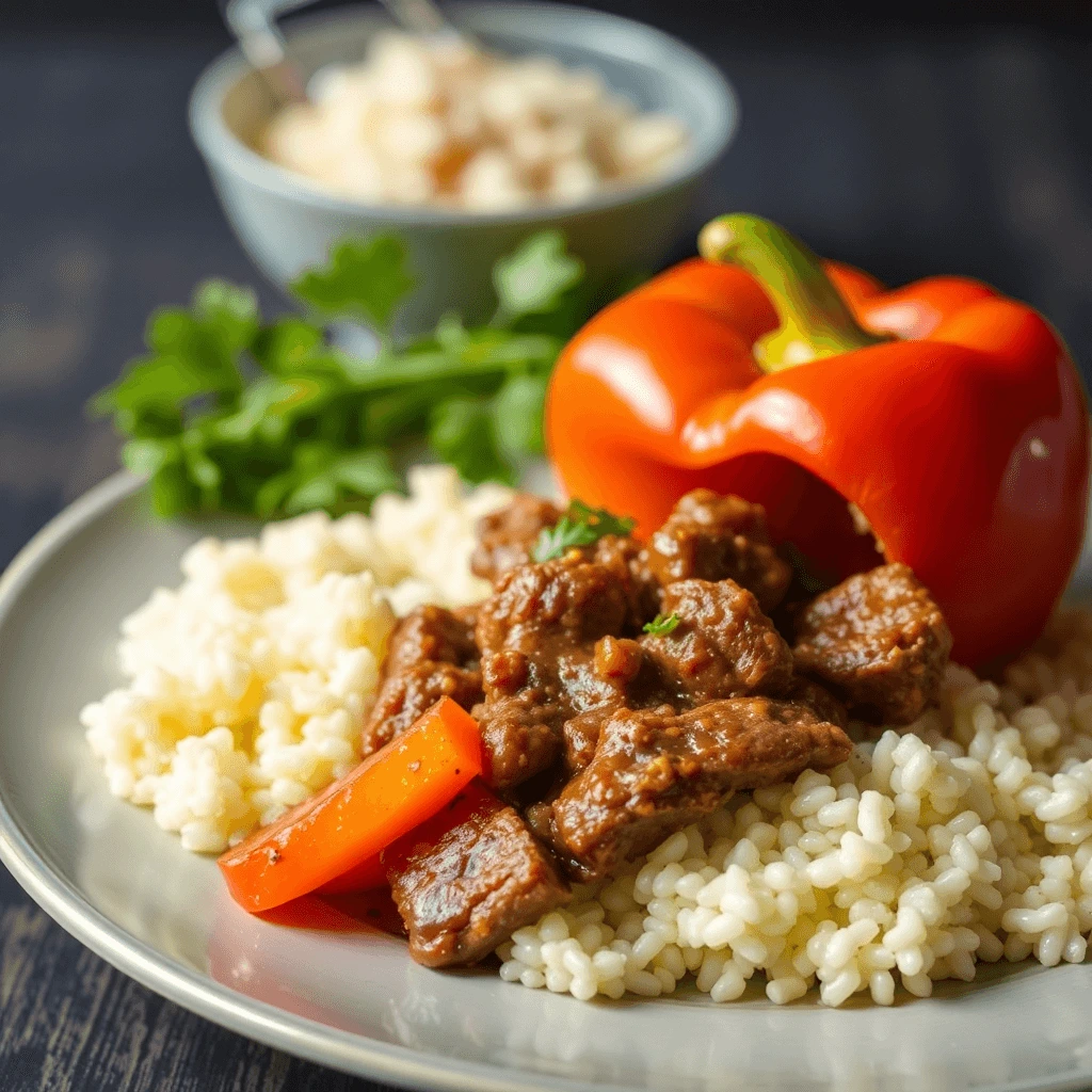 A plate of beef pepper lunch featuring tender beef cubes, bell peppers, and rice, garnished with fresh herbs.