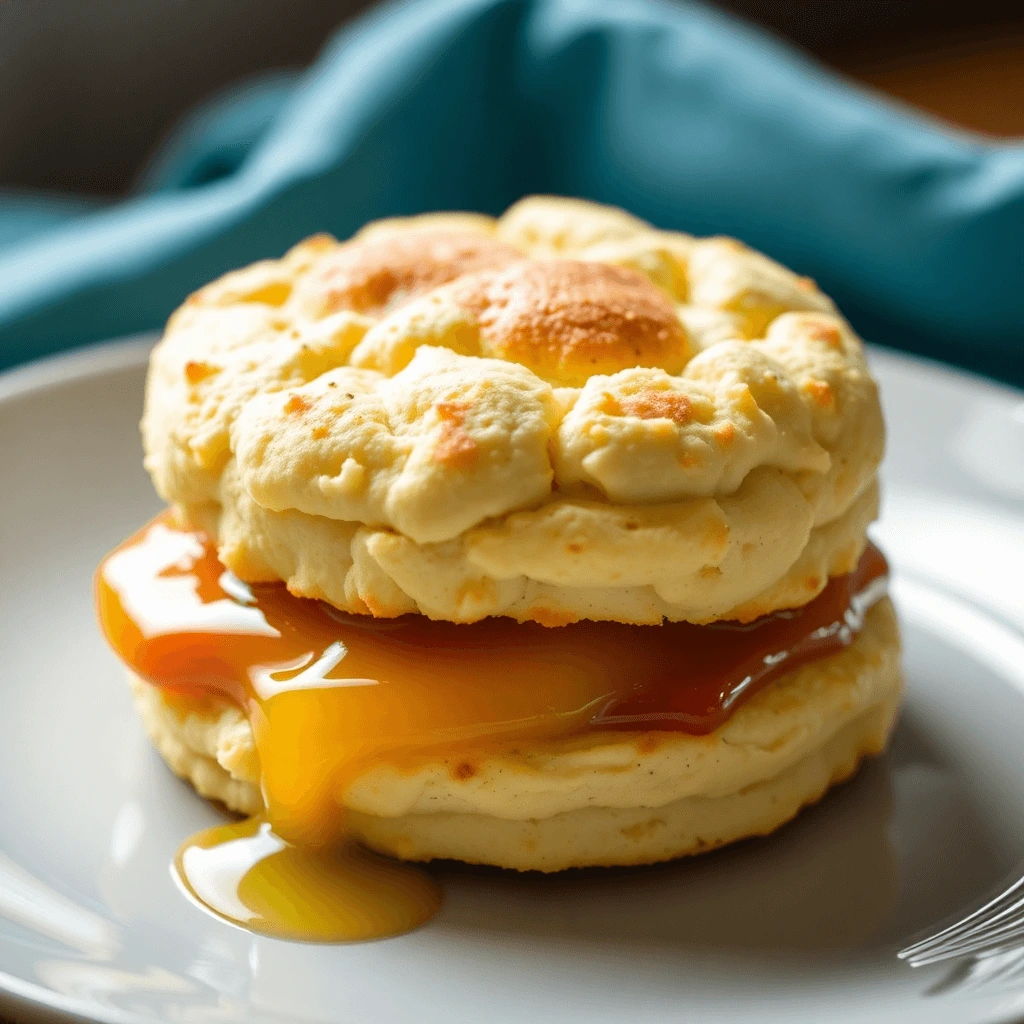 Delicious homemade biscuits served on a rustic table with fresh fruit and honey.