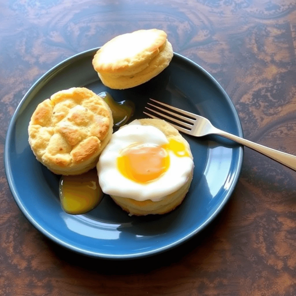 Scrambled eggs and crispy biscuits on a plate, garnished with fresh herbs.