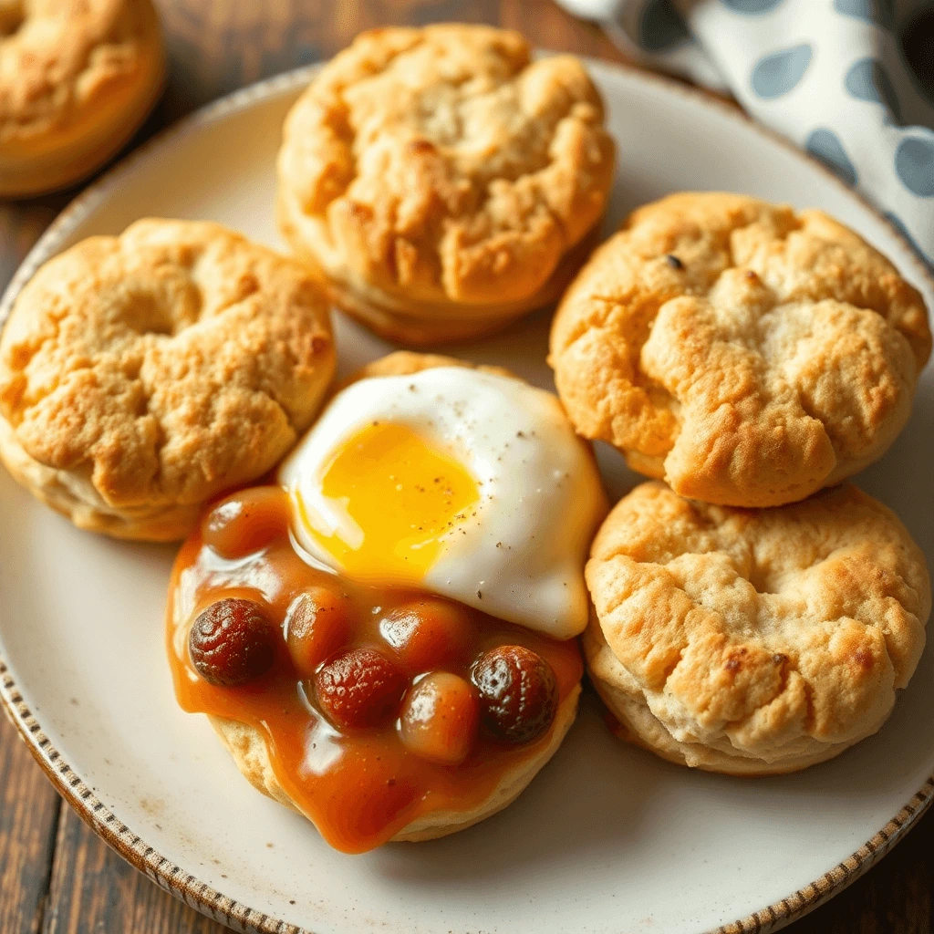 Plate of golden-brown biscuits served with a soft-boiled egg, gravy, and roasted cherry tomatoes.