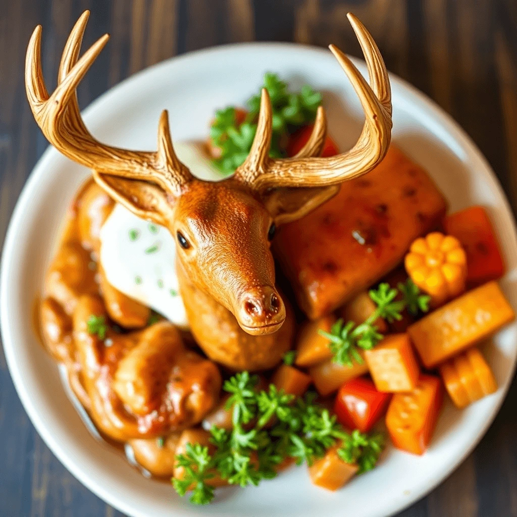 A decorative plate featuring a sculpted deer head surrounded by vegetables, herbs, and sausage pieces.