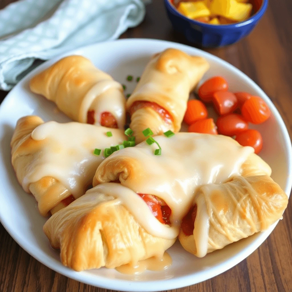 Plate of crescent roll stuffed with tomatoes and topped with melted cheese