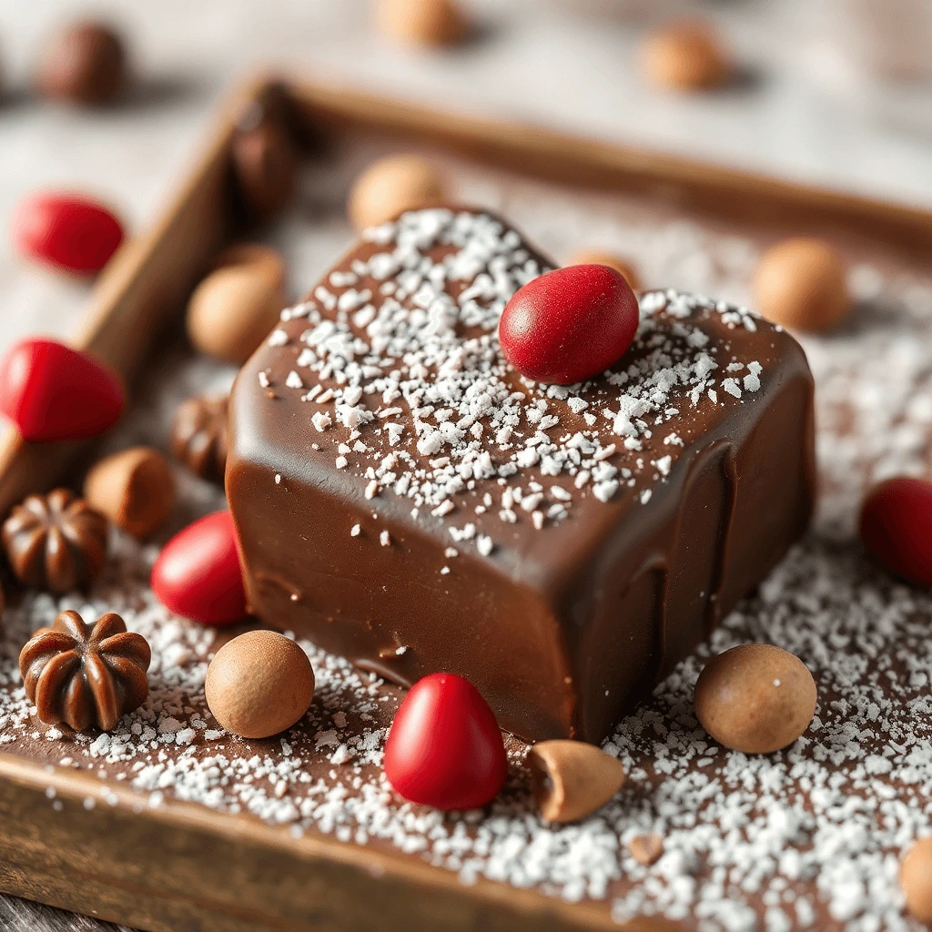 Assorted holiday chocolate treats including truffles, chocolate-covered pretzels, and festive chocolate bark arranged on a decorative platter.