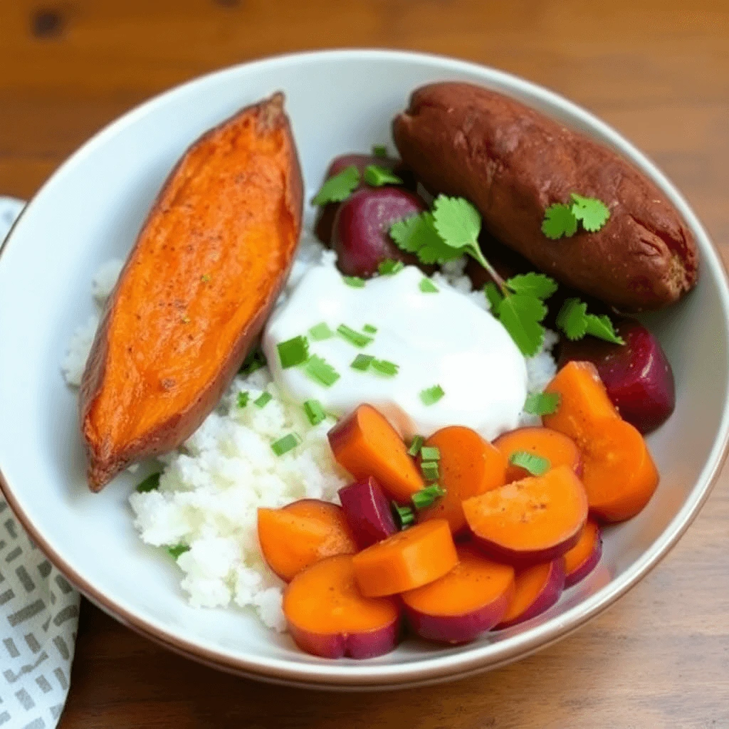 A colorful bowl featuring baked purple sweet potato, roasted orange sweet potato, vibrant steamed carrots, white rice, and fresh herbs, topped with a dollop of yogurt.