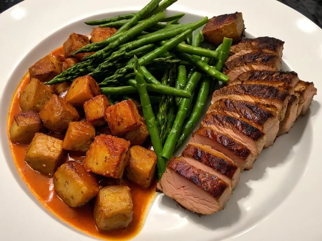 Grilled pork tenderloin served with roasted sweet potatoes and steamed asparagus on a white plate.