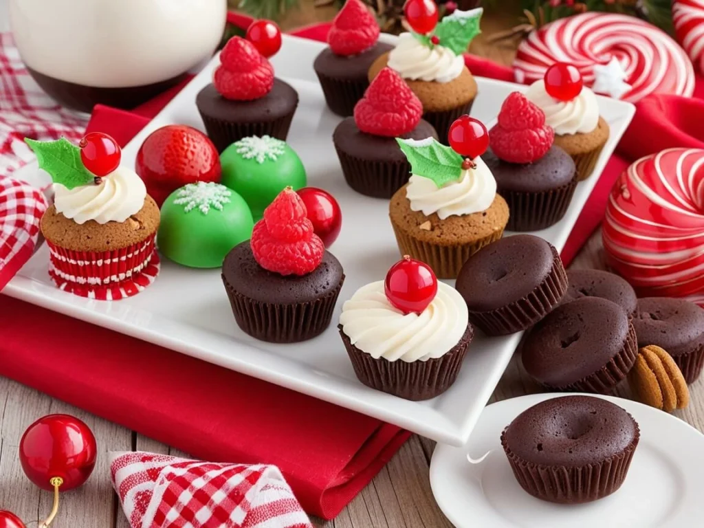 A variety of colorful holiday sweets including gingerbread cookies, peppermint bark, and festive cupcakes displayed on a decorated table.