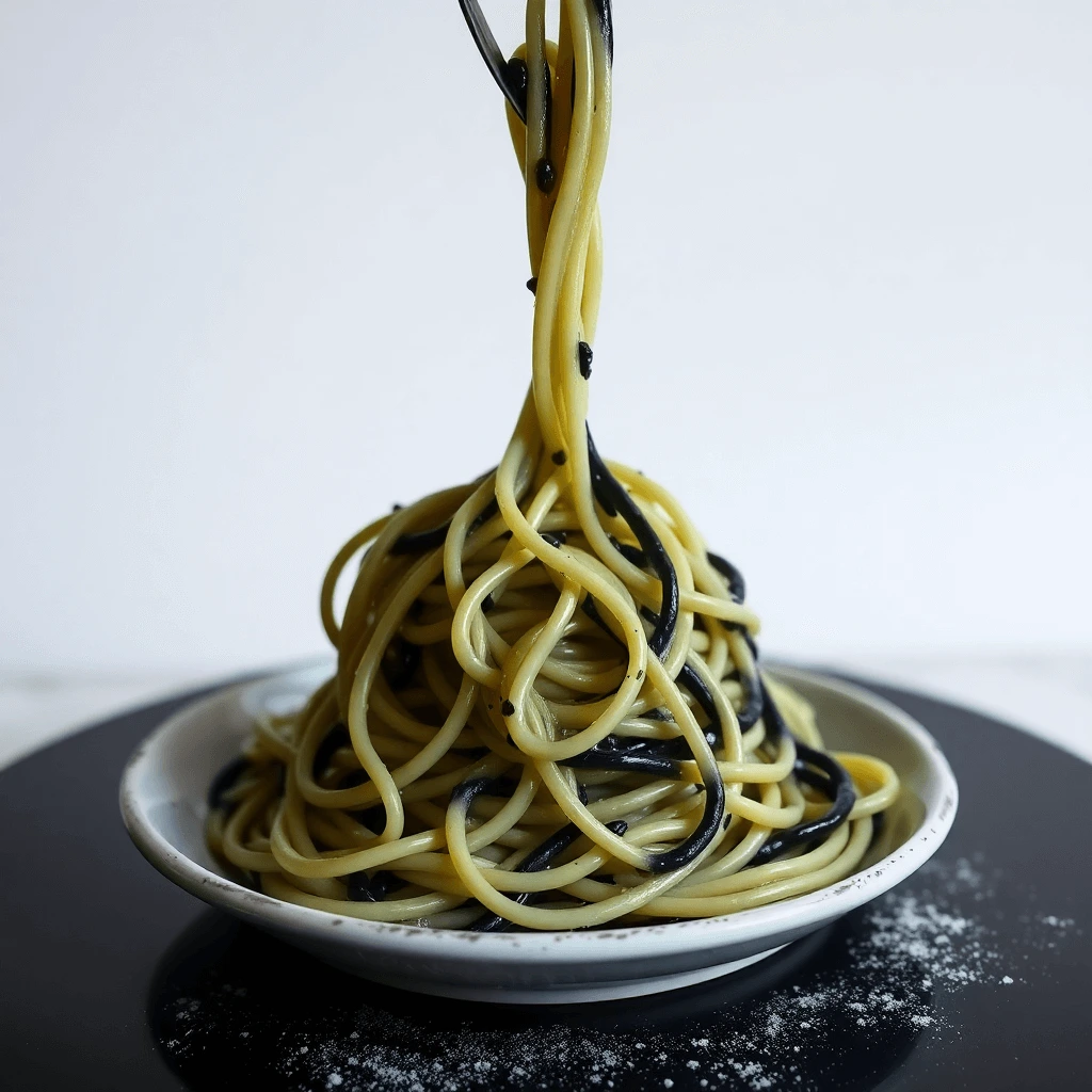 A close-up of a beautifully plated squid ink pasta garnished with fresh herbs and a drizzle of olive oil.