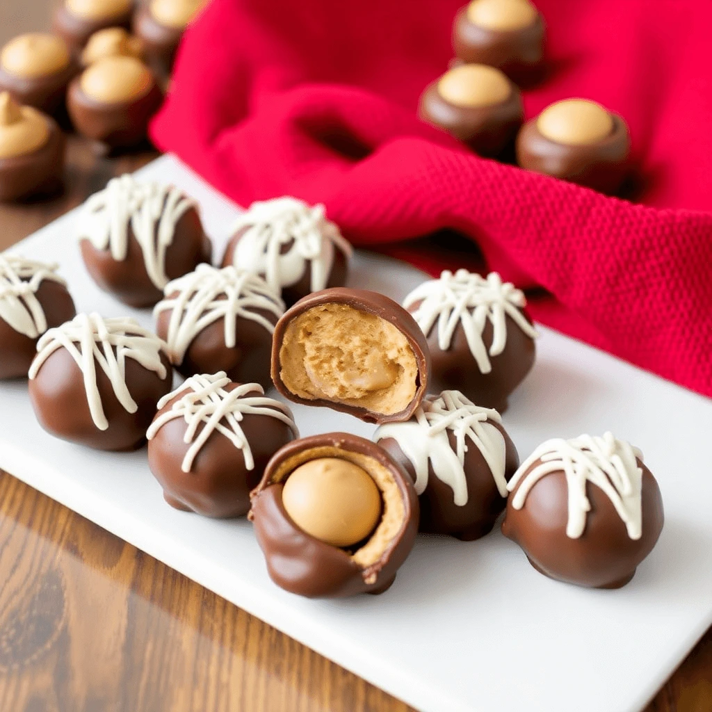 Delicious chocolate-dipped peanut butter balls arranged on a white plate with a sprinkle of crushed peanuts.